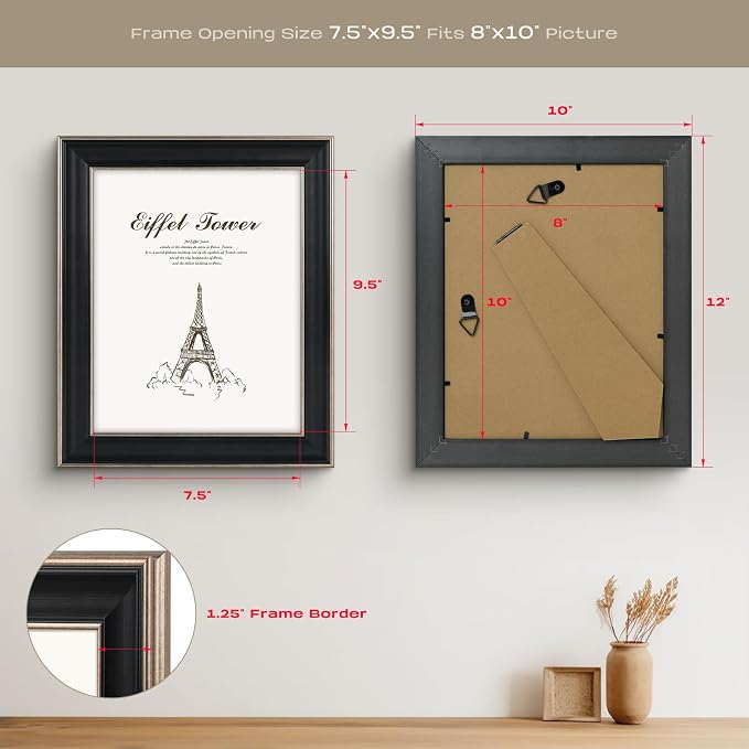 Golden State Art, 8x10 Antique Black with Silver Trim Color Frame - Easel Stand, Sawtooth Hanger - Landscape, Portrait Display - Great for Postcards, Photographs