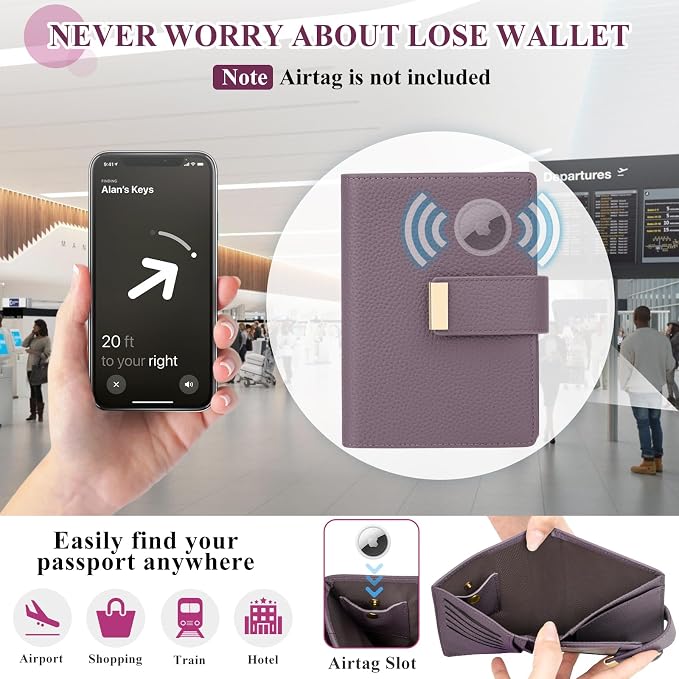 BKNOOU RFID Blocking Passport Holder with Airtag Slot- Leather Travel Passport Wallet for Women, Slim Bifold Travel Passport Holder Holds Cards & Tickets & Cash (Light Purple)