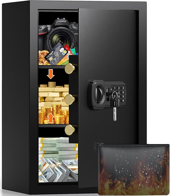 21.65"H Safe Box for Home | 3.8 cu ft Anti-Theft Safe with A4 Fireproof Bag | 36Lb Large Heavy Safe with Electronic Combination Lock & Removable Shelf | Document Safe for Office Cash Medicine Valuable