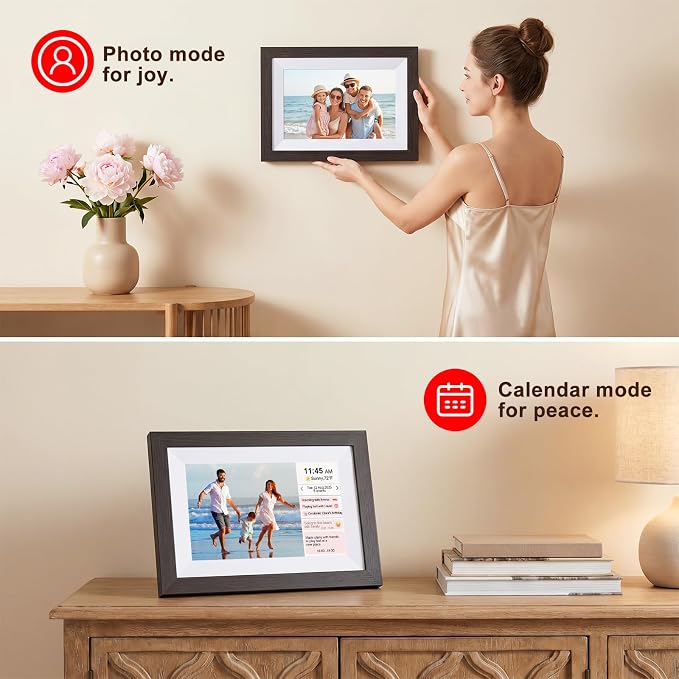 Digital Picture Frame, 10.1" Frameo Digital Frame WiFi with 1280x800 HD IPS Touch Screen, Auto-Rotate, Wall Mountable, Instant Share Photos & Videos from Phone via App, Brown Wood