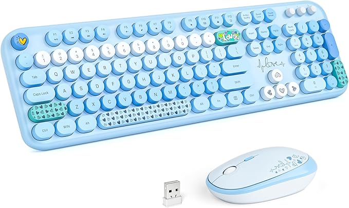 MOFII Wireless Keyboard and Mouse Combo, Full Size 2.4G Plug and Play Typewriter Retro Round Computer Keyboard and Mouse Set for Windows, Computer, Desktop, PC, Notebook - (Blue Colorful)