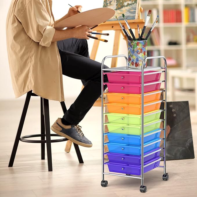 COSTWAY 10-Drawer Rolling Storage Cart, Utility Mobile Trolley | Removable Drawers & Universal Casters & 2 Brakes, Versatile Flexible Drawer Organizer Cart for Home, Office (Rainbow)