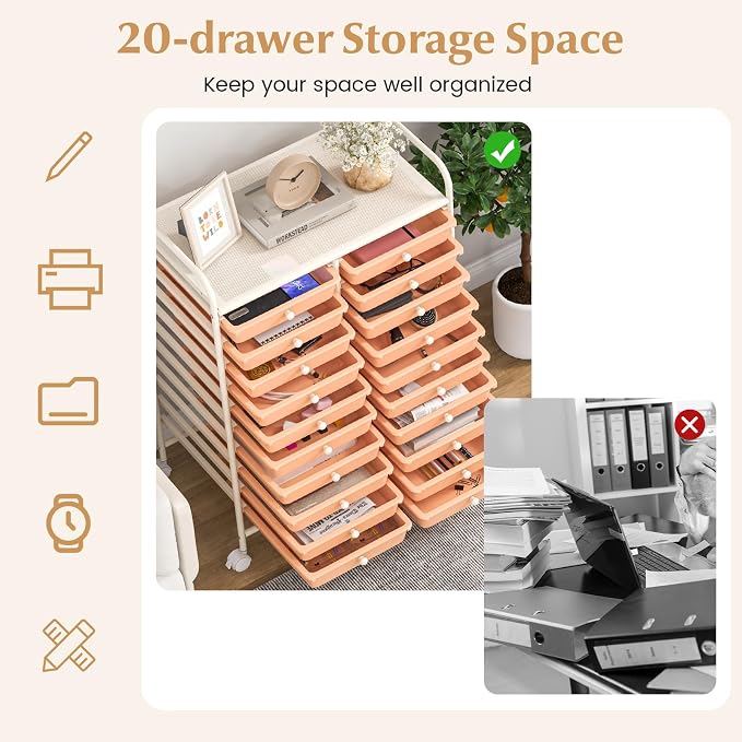 COSTWAY 20-Drawer Rolling Storage Cart, Utility Storage Organizer Cart | For Tools, Scrapbook, Paper, Craft, Multipurpose Storage Trolley on Wheels for Home Office School (Peach)