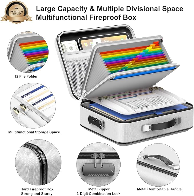 Fireproof Document Organzier with Lock, Hard Fireproof Document Box | Hard-Shell Fireproof Waterproof Document Box with Combination Lock Grey
