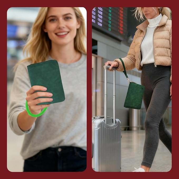 Passport Holder with Tether and Carabiner Clip to Prevent Loss and Theft, Rfid Passport Holder for Travel, Passport Cover, Wallet & Case for Men and Women (Green - Tether and Carabiner)