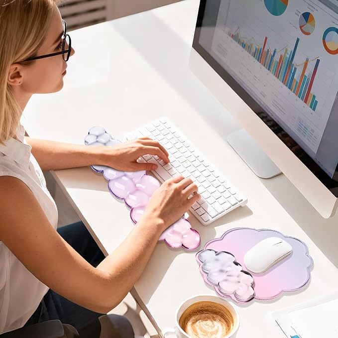 Cloud Wrist Rest Gel Set — Ergonomic Cloud Wrist Rest Keyboard and Mouse Pad, Non-Slip Desk Accessories for Office and Home（Gradient Pink）