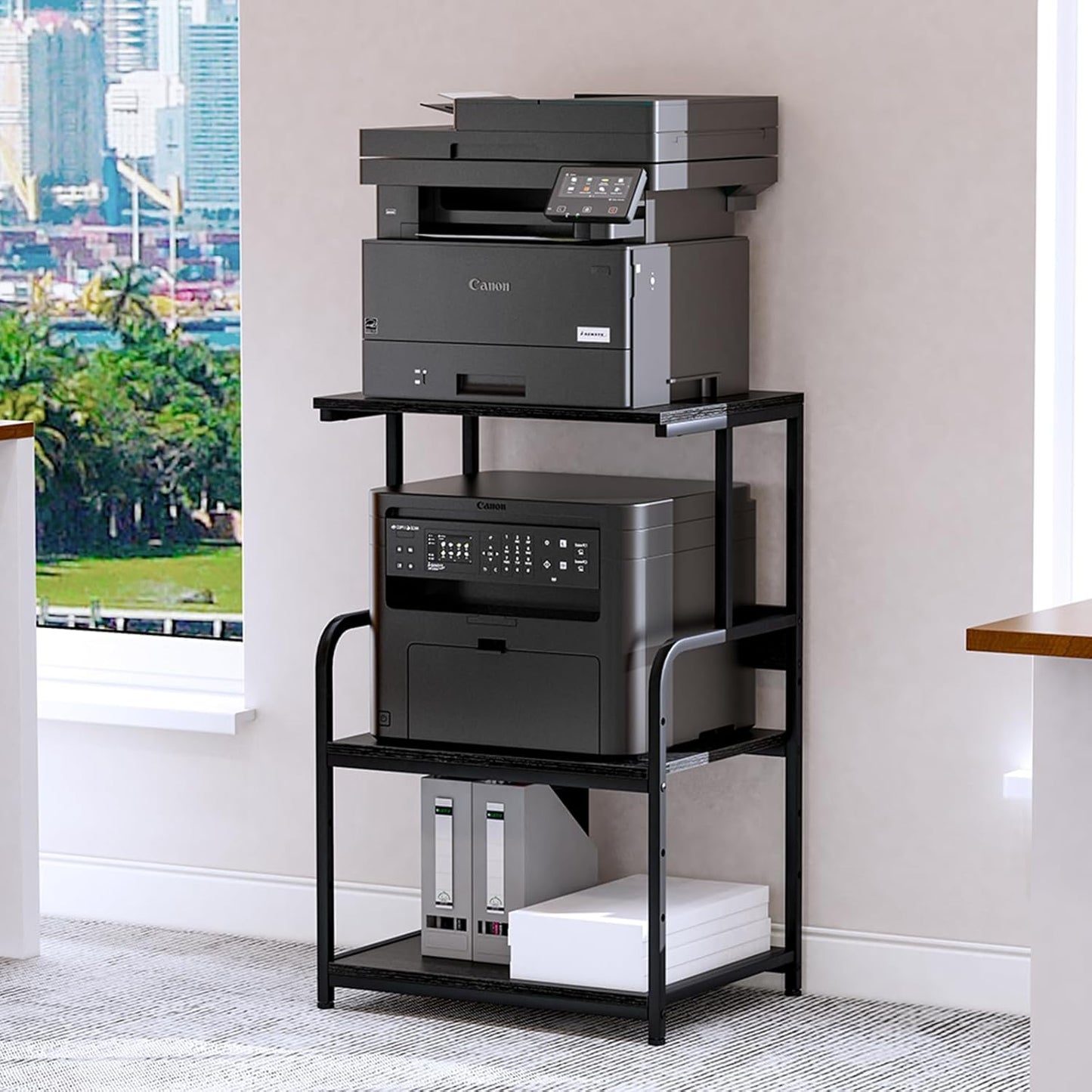 Printer Stand with Storage Shelf,3 Tier Printer Cart with Wheels,Mobile Printer Table for Home Office,Stands for Heat Press Scanner Fax,Industrial Style (Black)