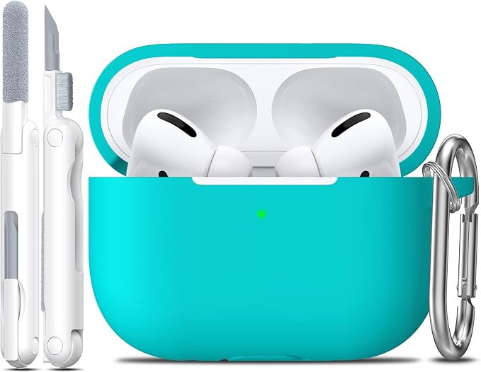 AirPods Pro Case Cover with Keychain, Full Protective Silicone Skin Accessories for Women Men Girl Adult with Apple 2019 Latest AirPods Pro Case, Front LED Visible-Teal