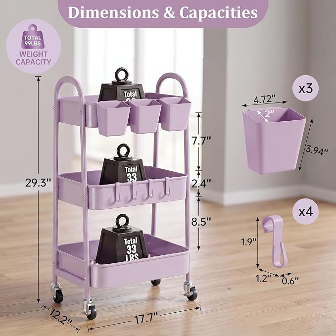 3-Tier Rolling Cart, Utility Cart Mobile Metal Rolling Storage Cart with Lockable Wheels & Hanging Cups & Hooks for Kitchen, Bathroom, Office, Workshop, Purple