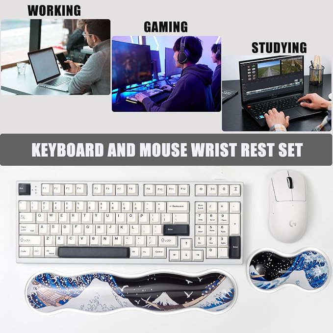 Ergonomic Silicone Gel Keyboard and Mouse Wrist Rest Set – Clear Wrist Rest for Computer Keyboard 60%/68%/75%, Comfort & Support for Typing and Gaming (Black Blue)