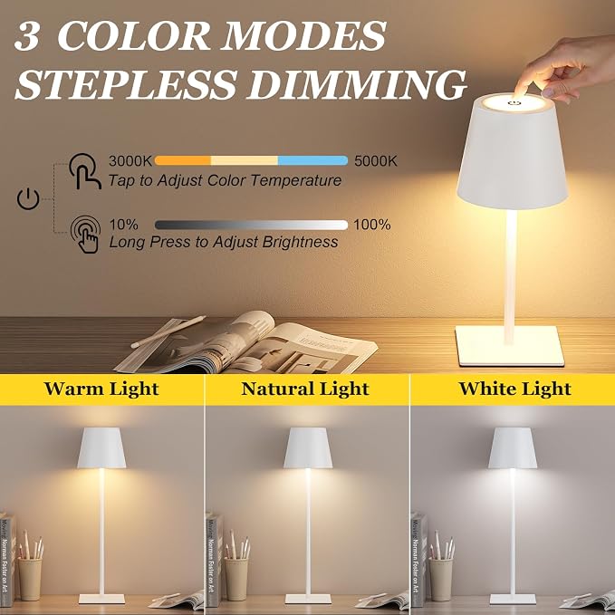 Kakanuo White Gold Cordless Rechargeable Table Lamp 5000mAh Battery Operated Lamps, 3 Colors Stepless Dimming Touch Lamp for Living Room, Kitchen Counter, Dining, Outdoor Patio, 2 Pack