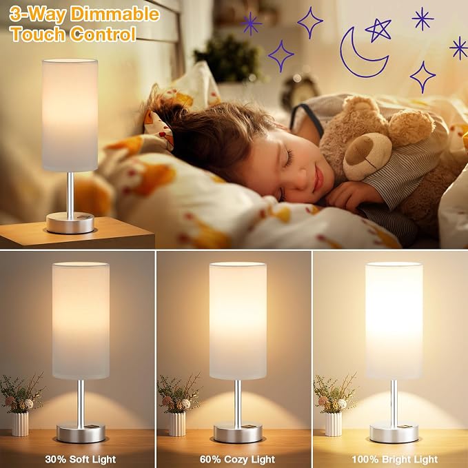Dicoool Bedside Table Lamp for Bedroom - 3-Way Dimmable Touch Lamp, USB A+C | LED Bulb Included, 14" Small Nightstand Lamp for Desk, Living Room, Guest Room, White Fabric Lampshade, Silver Metal Base