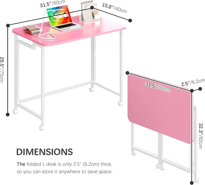 4NM 31.5" Mobile Small Rolling Computer Desk, Folding Laptop Cart Table with Wheels, Portable Office Desk for Small Space Couch Bed - Pink and White