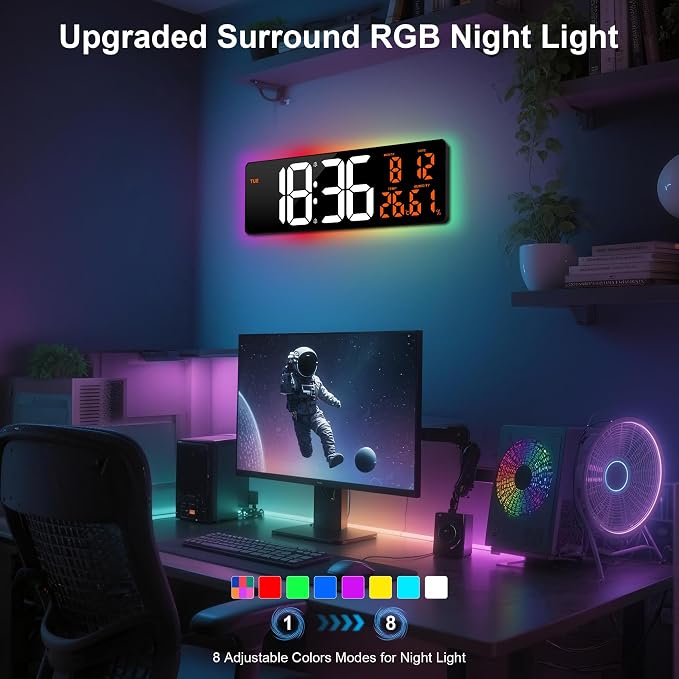 17.3" Large Digital Wall Clock Timer Alarm Clock with 8 Color Night Light | Led Large Display Mount Clock with Jumbo Number, Auto-Dimming/DST, for Classroom Living Room Gym Gift for Senior Mom Dad