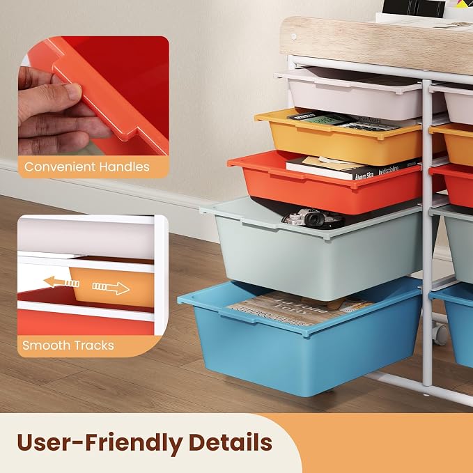 Giantex Rolling Storage Cart with 10 Drawers, Utility Cart w/Wooden Tabletop, Handle, Lockable Wheels, Multipurpose Organizer for Art Craft Scrapbooks Paper, Drawer Carts for School Office, Macaron
