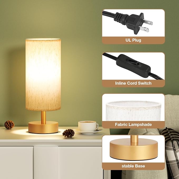 Table Lamps Set of 2 （Cream Shade- Gold Base, 11.6" Inline Control） | Bulb not Included | Small Lamps for Bedroom | Desk Lamp for Reading | for Living Room | for Dorm | Linen Fabric Shade