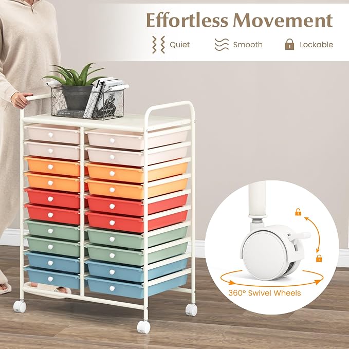 COSTWAY 20-Drawer Rolling Storage Cart, Utility Storage Organizer Cart | For Tools, Scrapbook, Paper, Craft, Multipurpose Storage Trolley on Wheels for Home Office School (Macaron)