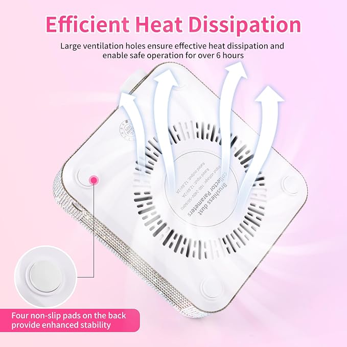 BQAN Portable Nail Dust Collector with 4200RPM Fan White AB Rhinestones | 10pcs Filter Papers Include & Nail Brush | Strong Suction | Adjustable Speed | For Acrylic & Gel | Professional & Home Use
