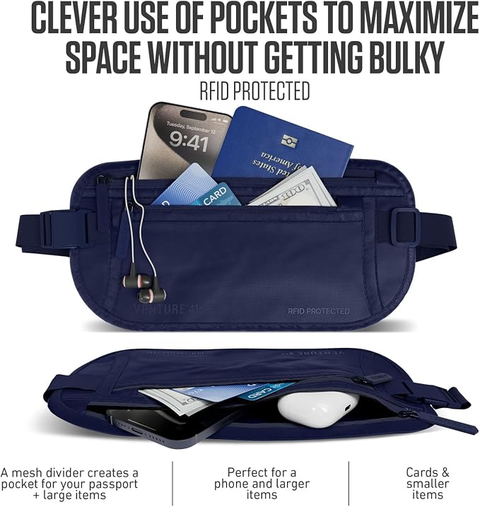 VENTURE 4TH Travel Money Belt, RFID Blocking Passport Holder - Sleek Navy