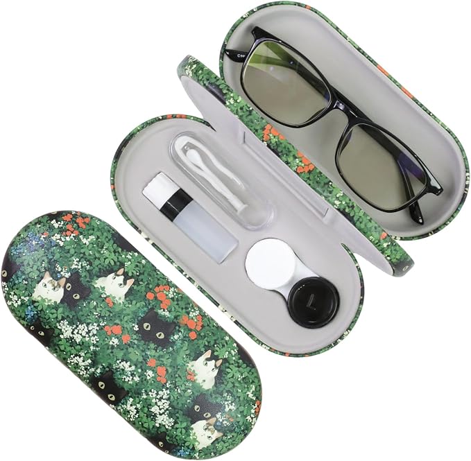 2 in 1 Contact Lens Case and Eyeglasses Case for Women Men Kids, Double Sided Hard Shell Portable Glasses Travel Holder with Built-in Mirror, Contact Lens Box Storage Kit (Green Cat)
