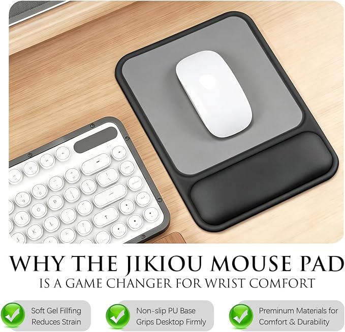 JIKIOU Ergonomic Mouse Pad with Gel Wrist Rest, 10 x 7.25 in, Black | 40% Larger Rectangular Design-No More Hitting Edges Mid-glide, Savior of Pain Relief, Smooth Lycra Surface, Non-Slip PU Base