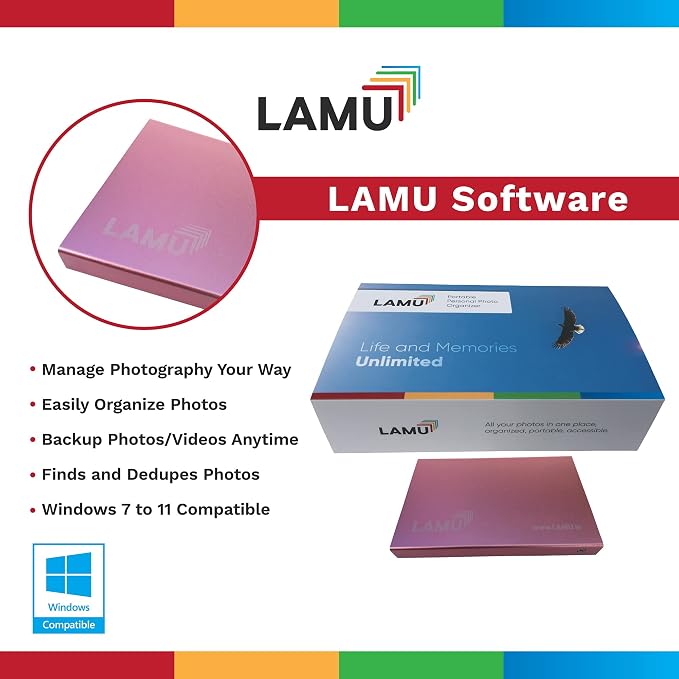 LAMU Portable Digital Photo Organizer - Digital Picture Manager for Windows - Software to Easily Organize Your Photos and Videos - Digital Photo Storage - 1 Terabytes (Rose Gold)