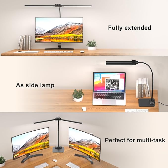 LED Desk Lamp Double Light: 1200LM Desk Light Base for Home Office, Black | Dual Screen Computer Monitor Light, Architect Table Lamp for Working Reading Drafting,Dimmable 4 Colors Memory 30-Min Timer