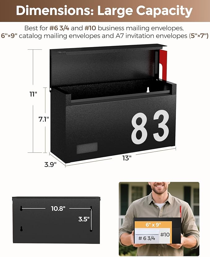 Modern Mailboxes for Outside, Metal Wall Mount Mailbox, with One Flag Kit and Three Sets of Mailbox Number Stickers, 3.9" D×13" W×7.1" H, Rust Resistant Coating Mail Boxes for House, Black AMB06B