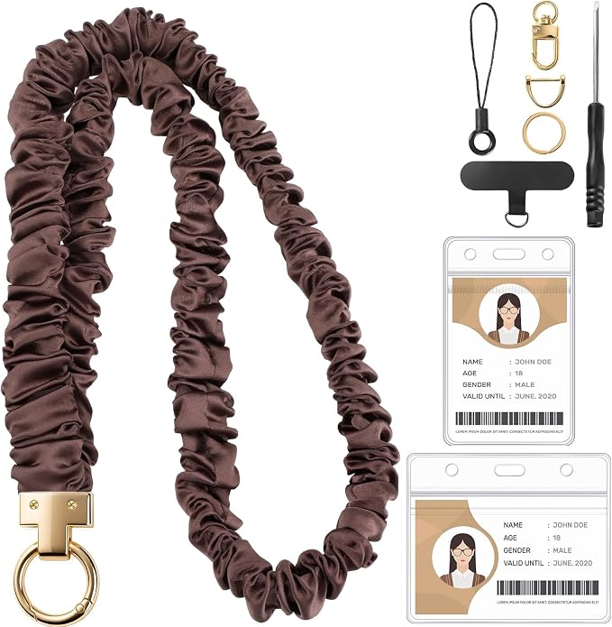 Prudiut Scrunchie Lanyard for Id Badges, Retractable Teacher Lanyards Black Stretchy Scrunchie Lanyard with Id Holder for Women (Brown)