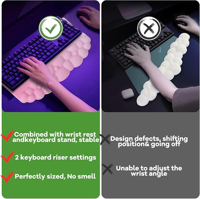Wrist Rest with Keyboard Stand, Ergonomic Computer Wrist Support Pad | Cloud Keyboard Riser Holder with Wrist Pad, Memory Foam Desk Cushion, Palm Hand Typing for Office Home School-Pink