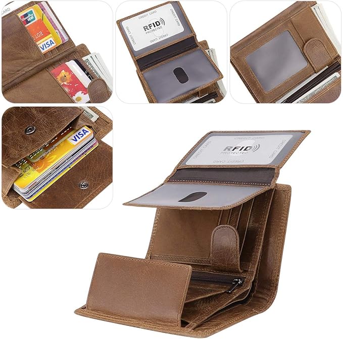 Trifold Billfold RFID Blocking Cowhide Leather Wallet for Men 10 Card Slots 2 ID Windows with Coin Pocket