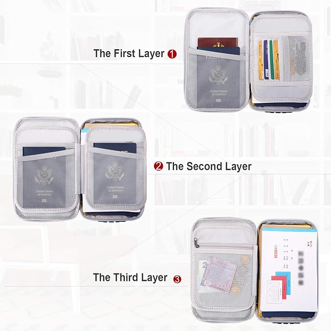 ENGPOW Small Fireproof Storage Organizer Case with Lock, 9”x 5.3”x 3.7” | Money Safe Wallet Carrying Bag with Multi-Pocket,Portable Home Travel for Cash,Card,Passport,Coin,Check,Bill,Soft Box,Silver