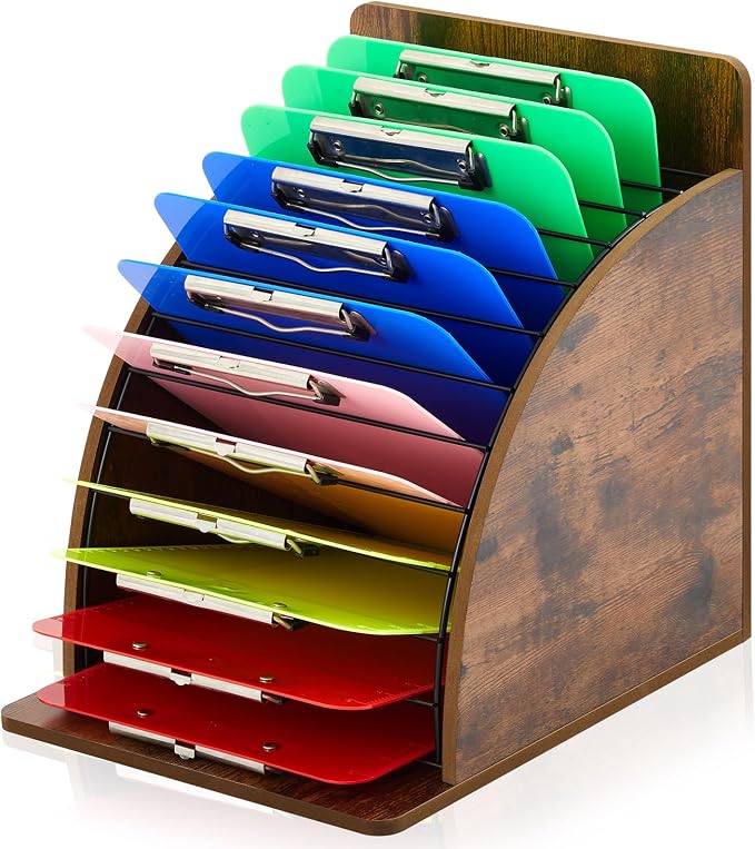 Wonderjune 1 Pack Clipboard Holder Wooden Metal Clipboards Storage Rack with Raised Side Panel, Back to School Supply for Classroom Office School Teacher, Clip Boards Not Included(Black Vintage)