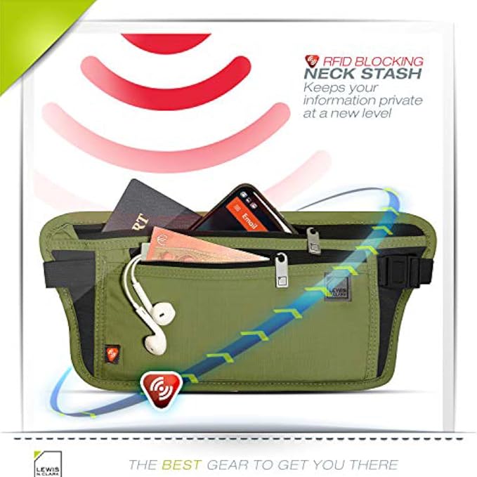 Lewis N. Clark Travel Money Belt Pouch, Slim RFID Blocking Anti Theft Waist Stash Pouches for Cash, Cards and Passport Holder