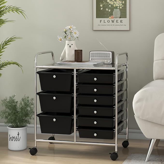 9 Drawer Rolling Storage Cart, Rolling Cart with Drawers for Classroom, Art Supply Craft Organizer on Wheel with Metal Frame & Handles for Home Office School