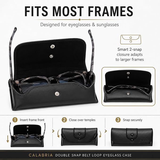 Calabria Double Snap Belt Loop Eyeglass Case PU Leather Black Old School Vintage Eye Glasses Pouch Semi-Hard Sunglass Holder - 12PACK