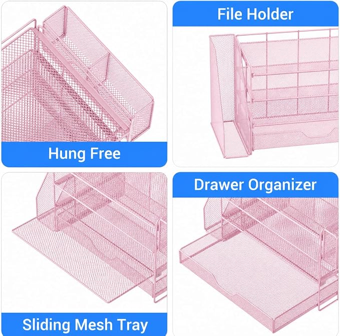 Desk Organizers and Accessories, 4-Tier Desktop File Organizer with Drawer and Pen Holders, Office Desk Accessories Workspace Organizers for Office Supplies (Soft Pink)