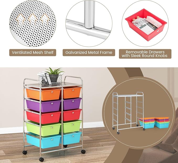10 Drawer Rolling Cart, Storage Cart Organizer on Wheels, Drawer Cart with Metal Frame & Large Storage Capacity, Rolling Cart with Drawers for Living Room Classroom, Office