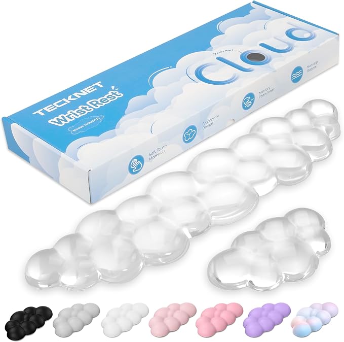 TECKNET Gel Cloud Wrist Rest Set, Cloud Wrist Rest with Non-Slip Base, Clear Wrist Pad for Keyboard with Mouse Wrist Rest for Computer Laptop Office Gaming and Pain Relief, Transparent