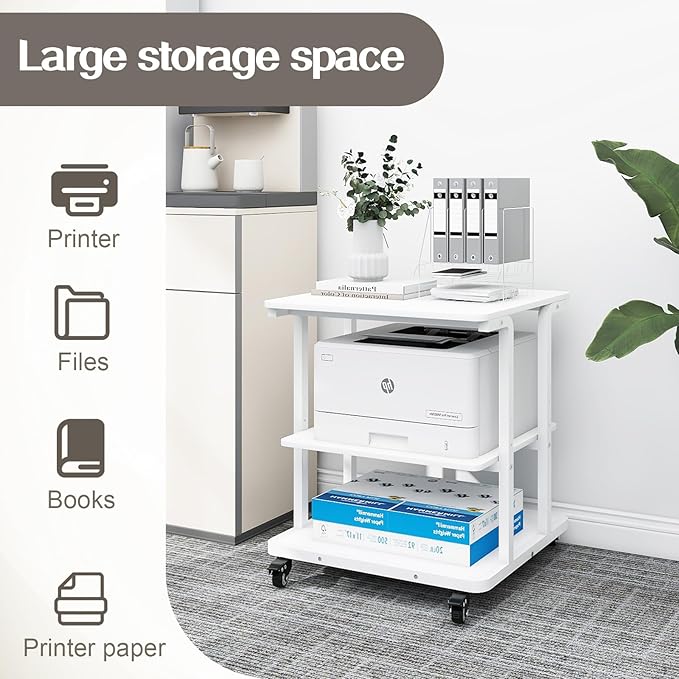 Natwind Printer Stand, 24''x20''x26'' Large Printer Table with Storage Shelf, 3 Tier Rolling Printer Cart with Wheels,Multifunctional Shelves for Home Office（White）