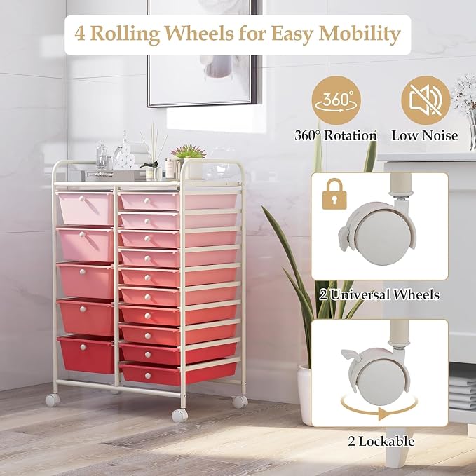 15 Drawer Rolling Storage Cart, Rolling Cart with Drawers for Classroom, Art Supply Craft Organizer on Wheel with Metal Frame & Handles for Home Office School