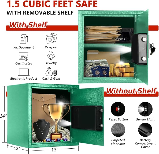Voncabay Money Safe Box for Home with Digital Keypad, 1.5 Cu. Ft., Green | Alloy Steel, 2 Fireproof Bags, Digital Keypad with Display, Removable Shelf, Alarm System, 14 x 13 x 13 In.