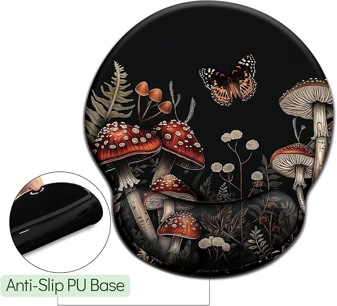 LIMKRIAN Ergonomic Mouse Pad with Gel Wrist Rest, Mushroom Desk Decor | Non-Slip PU Base, Smooth Surface, Cooling Gel Eases Wrist Pain, Cute Mousepad for Laptop, Computer, Office Desk Accessories