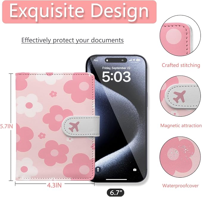 Passport Holder, Cute Travel Wallet Cover with RFID Blocking, | PU leather travel wallet with magnetic closure, card slots, pen loop, and easy access for passports and essentials.
