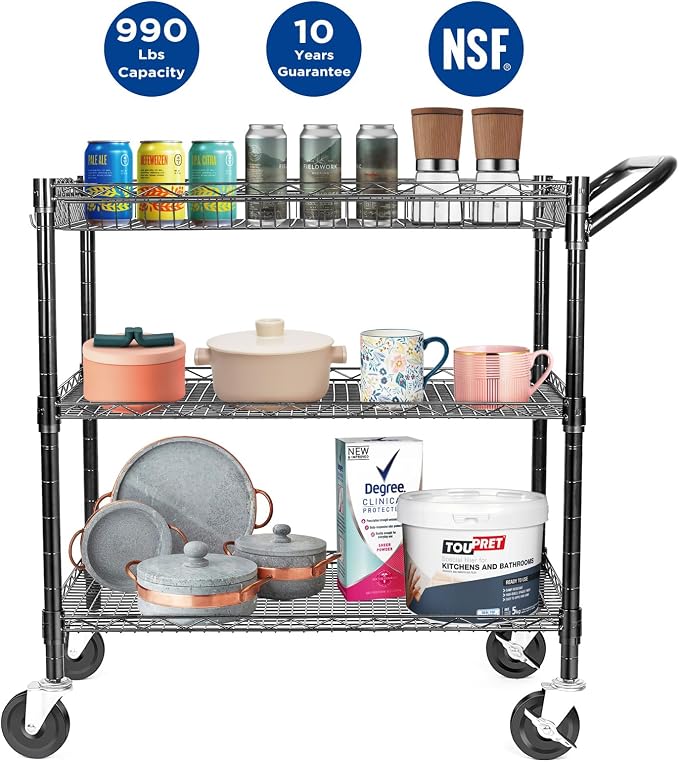 990Lbs Capacity Heavy Duty Rolling Utility Cart, NSF Rolling Carts with Wheels,Commercial Grade Metal Cart with Handle Bar & Shelf Liner,Trolley Serving Cart for Restaurant,Kitchen,Black