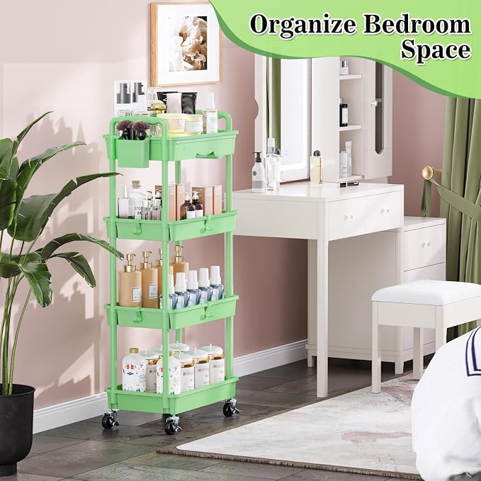 SUNALLY 4 Tier Rolling Cart with Drawer, Craft Storage Cart Organizer,Green | Bathroom Storage Organizer with 2 Lockable Wheels, Rolling Utility Cart for Kitchen, Office, Baby, Makeup, Nail,Snack,Laundry