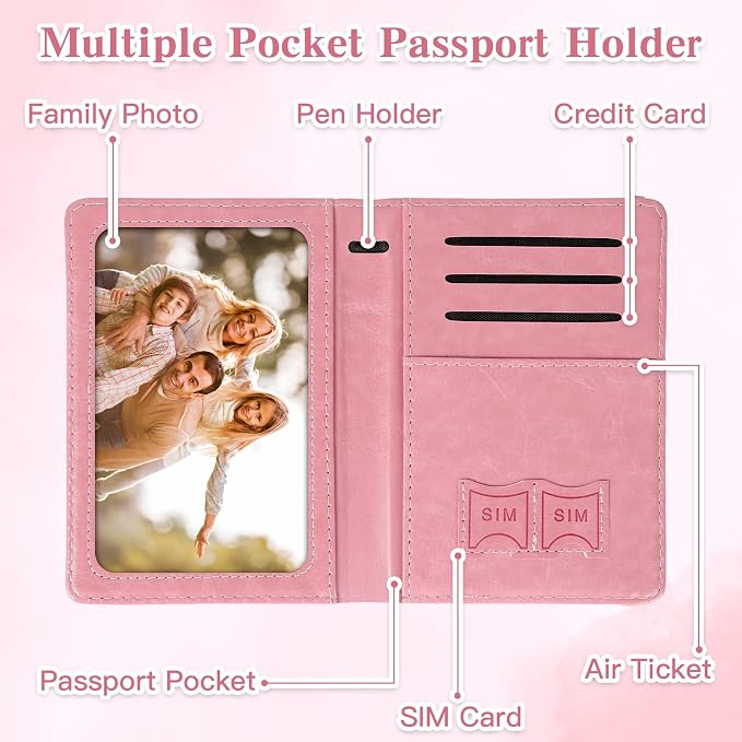 Passport Holder for Travel, RFID Blocking Passport Cover with Pen Holder Leather Passport Wallet Case Travel Must Haves Accessories Passport Book Card Holder for Family Travel Essentials Gifts, Pink