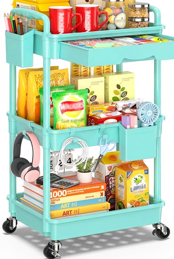 SUNALLY 3 Tier Rolling Cart with Drawer, Craft Storage Cart Organizer, Blue | Bathroom Storage Organizer with 2 Lockable Wheels, Rolling Utility Cart for Kitchen, Office, Baby, Makeup, Nail,Snack,Laundry