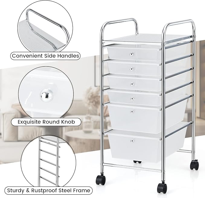 COSTWAY 6-Drawer Rolling Storage Cart, Art Craft Tools Organizer on Wheels | Multifunctional Heavy Duty Utility Mobile Storage Trolley w/ 2 Lockable Wheels for Home Office School (Clear)