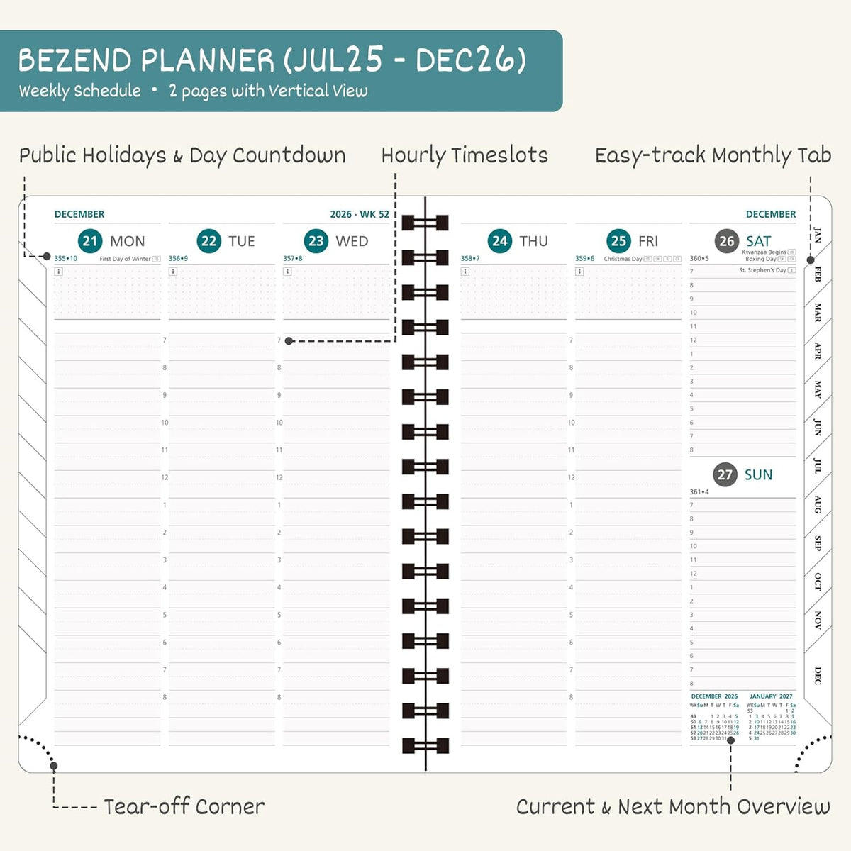 BEZEND Planner 2025-2026 Weekly and Monthly, 8.5" x 11" Academic Calendar (Jul 25-Dec 26) Vertical Daily Appointment with Hourly Timeslot & Monthly Tab, Spiral, PU Leather Softcover - Kiwi